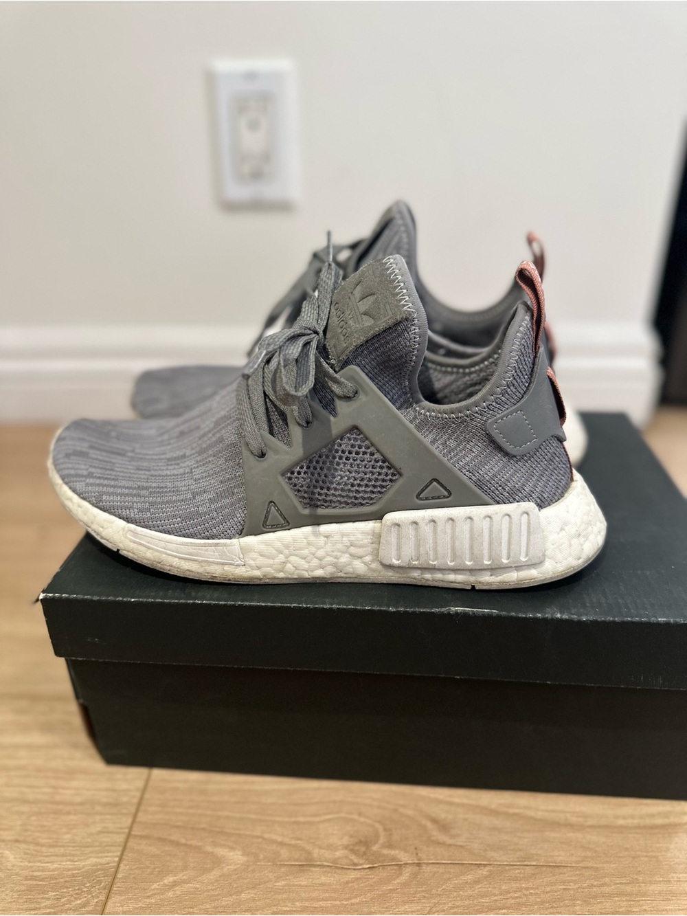 adidas Gray Knit NMD Casual Runner with White Boost Soul and Rose gold accent